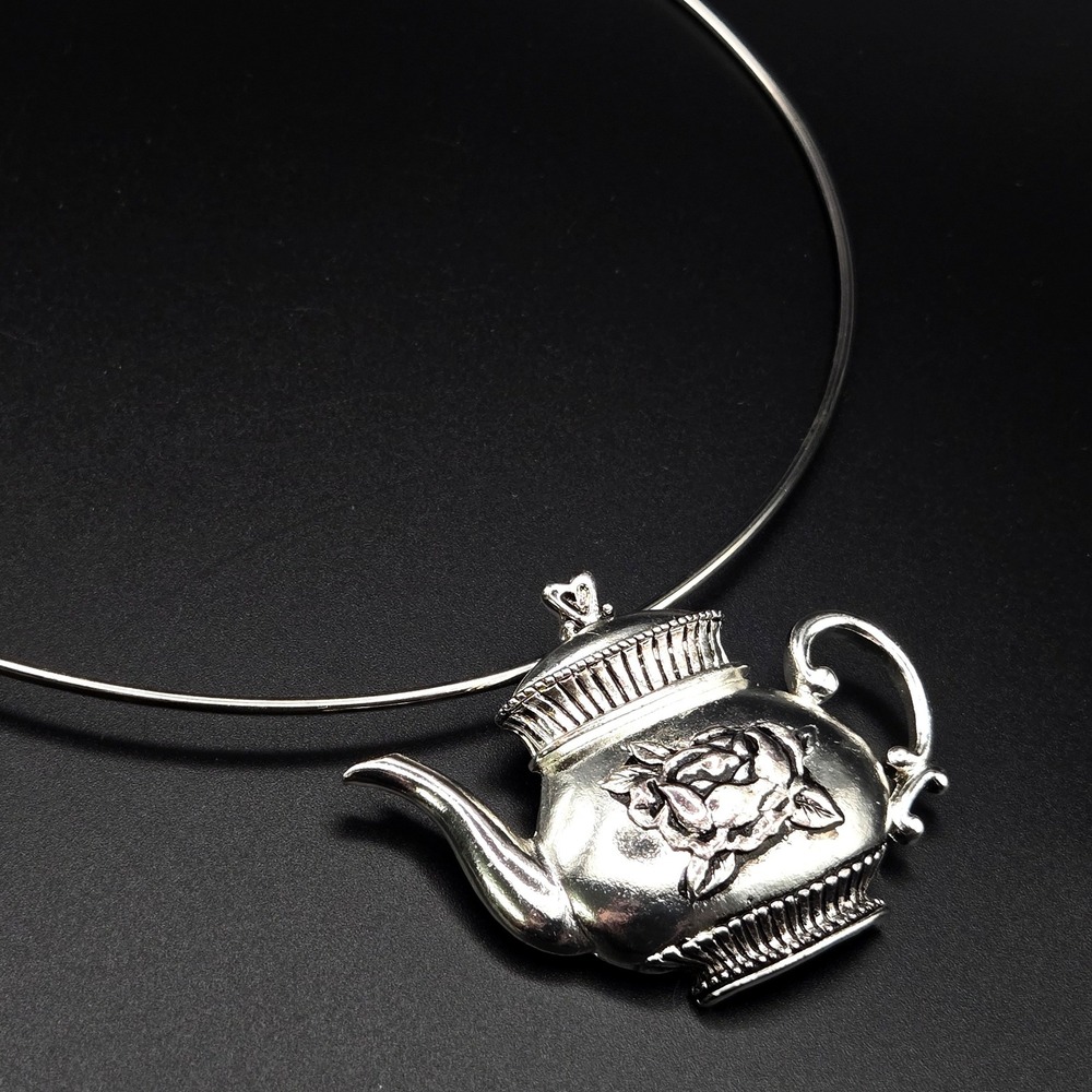 SLC Silver Tone Teapot Rose Brooch Pendant Necklace Torque Collar Vintage Style